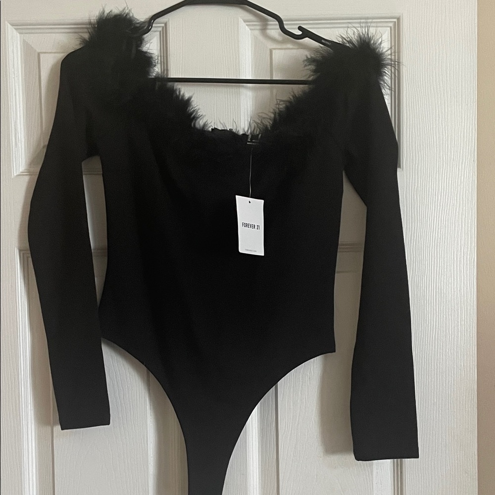 Forever 21 Black Long Sleeve Feather Bodysuit